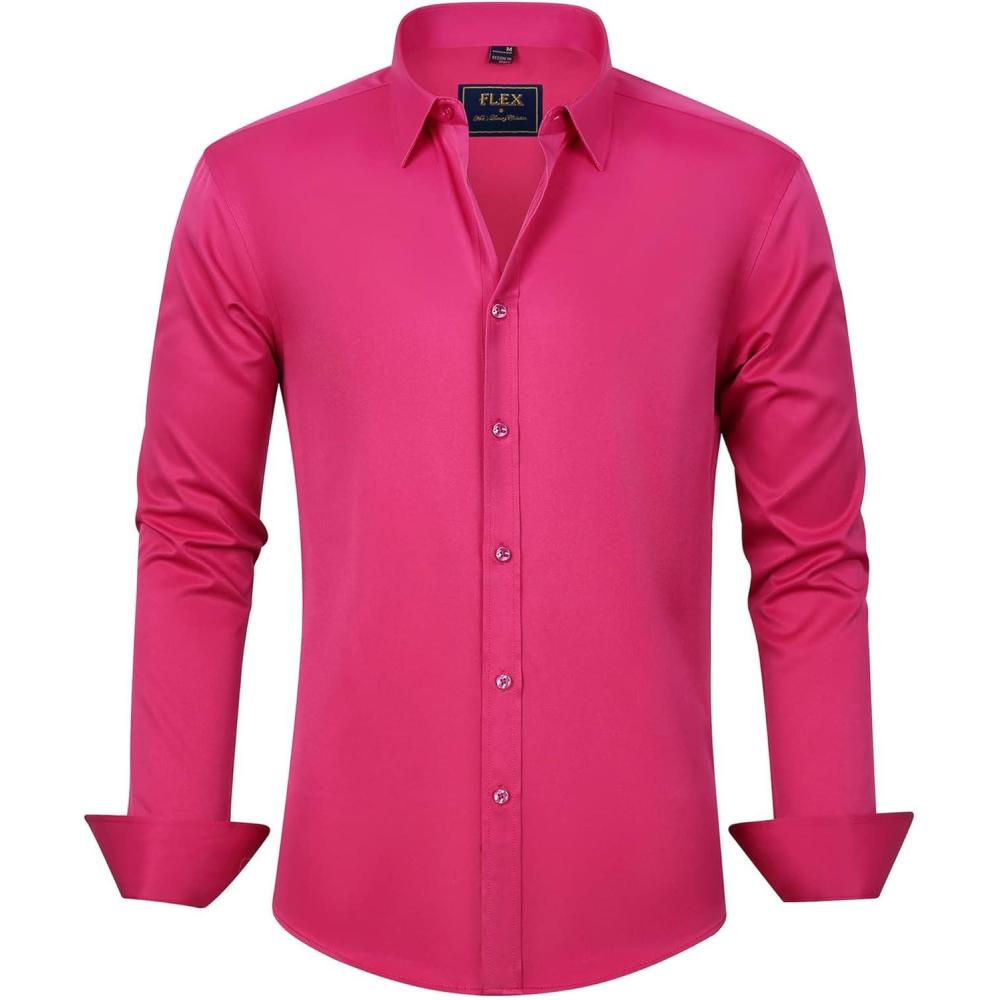 imageJVER Mens Dress Shirts Solid Long Sleeve Stretch WrinkleFree Formal Shirt Business Casual Button Down ShirtsHot Pink