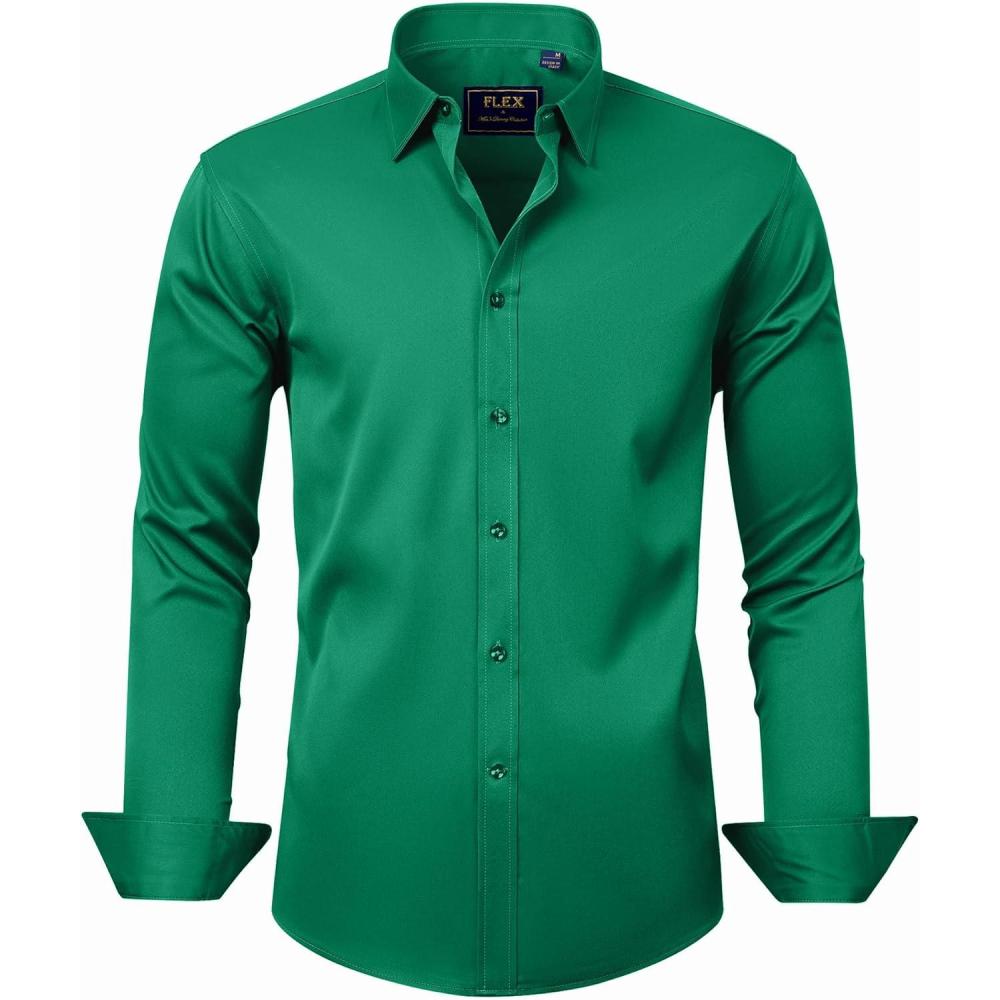 imageJVER Mens Dress Shirts Solid Long Sleeve Stretch WrinkleFree Formal Shirt Business Casual Button Down ShirtsHunter Green