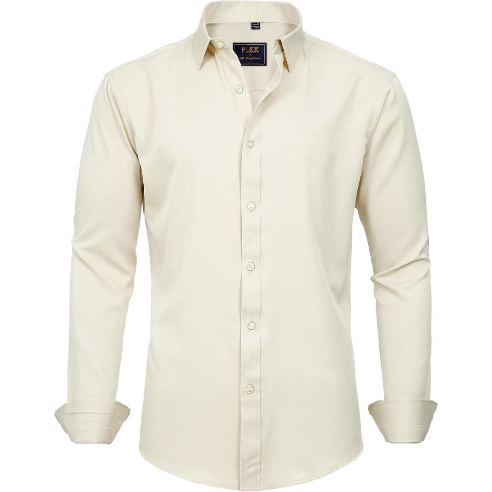 imageJVER Mens Dress Shirts Solid Long Sleeve Stretch WrinkleFree Formal Shirt Business Casual Button Down ShirtsLight Creamy Yellow