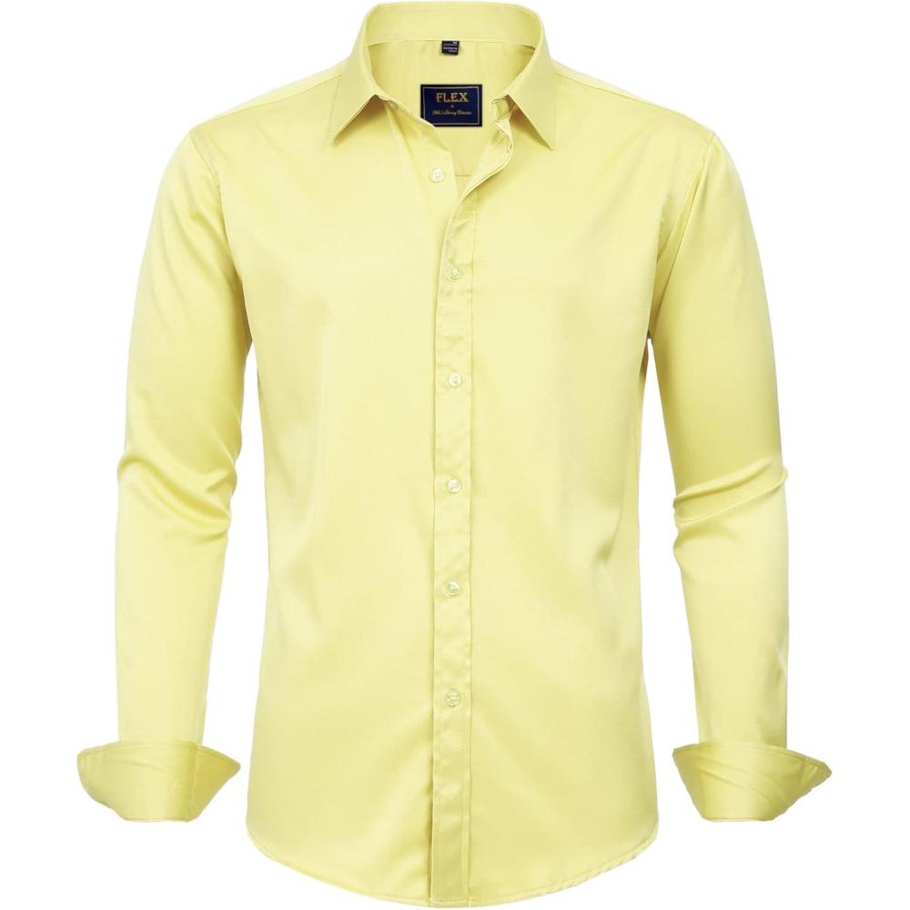 imageJVER Mens Dress Shirts Solid Long Sleeve Stretch WrinkleFree Formal Shirt Business Casual Button Down ShirtsLight Yellow