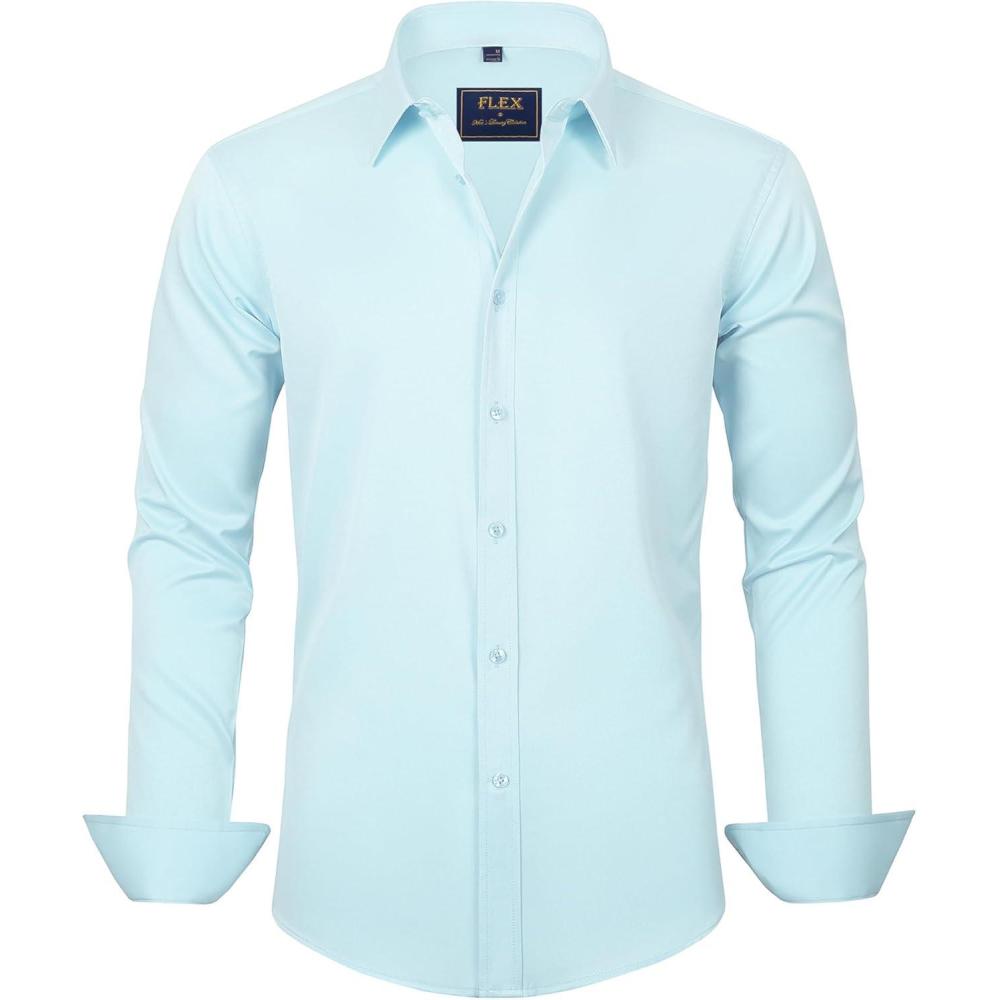 imageJVER Mens Dress Shirts Solid Long Sleeve Stretch WrinkleFree Formal Shirt Business Casual Button Down ShirtsMist Blue
