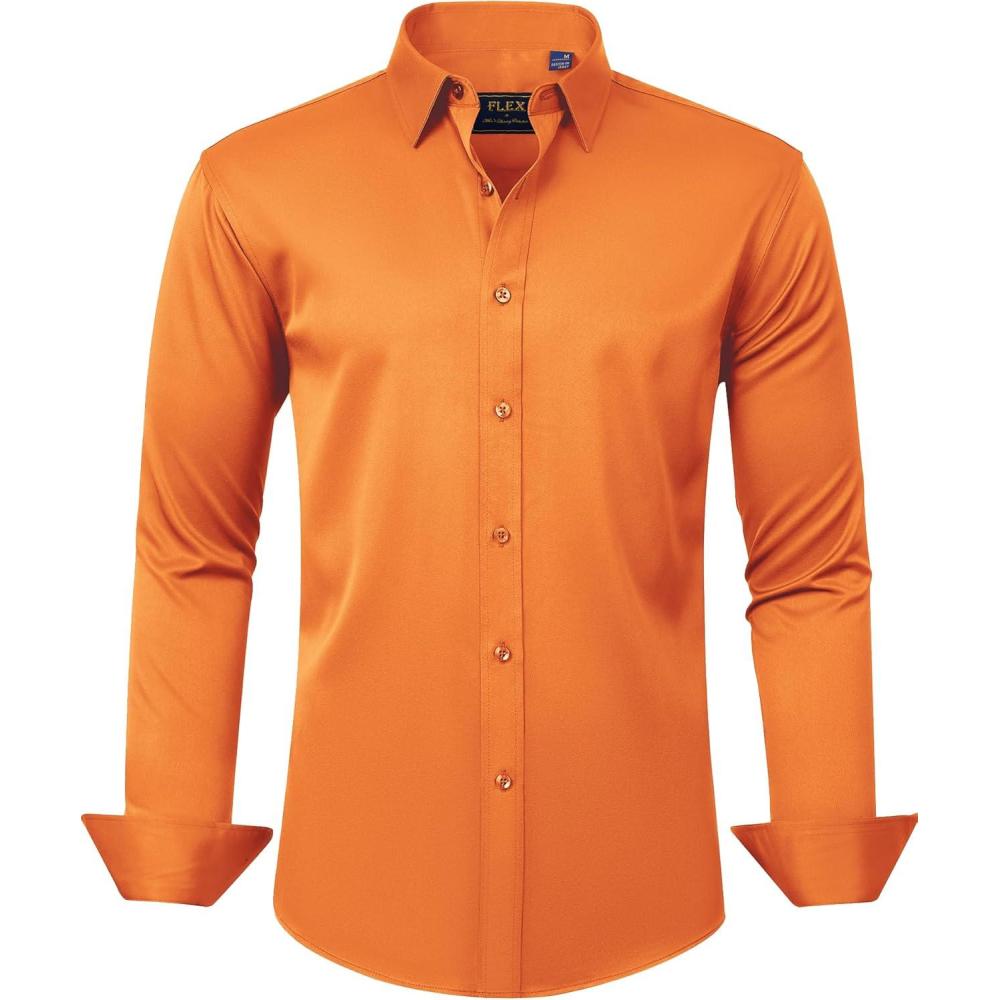 imageJVER Mens Dress Shirts Solid Long Sleeve Stretch WrinkleFree Formal Shirt Business Casual Button Down ShirtsOrange