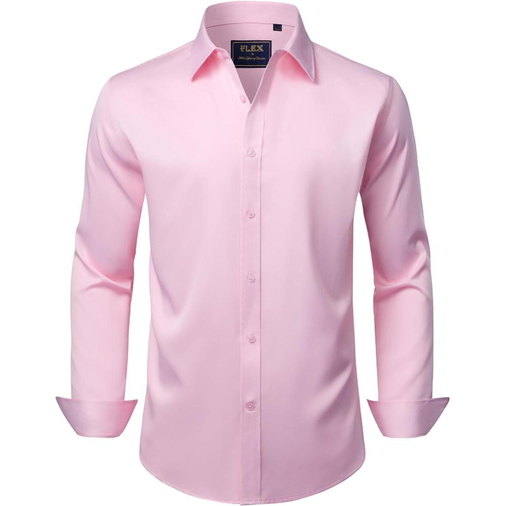 imageJVER Mens Dress Shirts Solid Long Sleeve Stretch WrinkleFree Formal Shirt Business Casual Button Down ShirtsPink