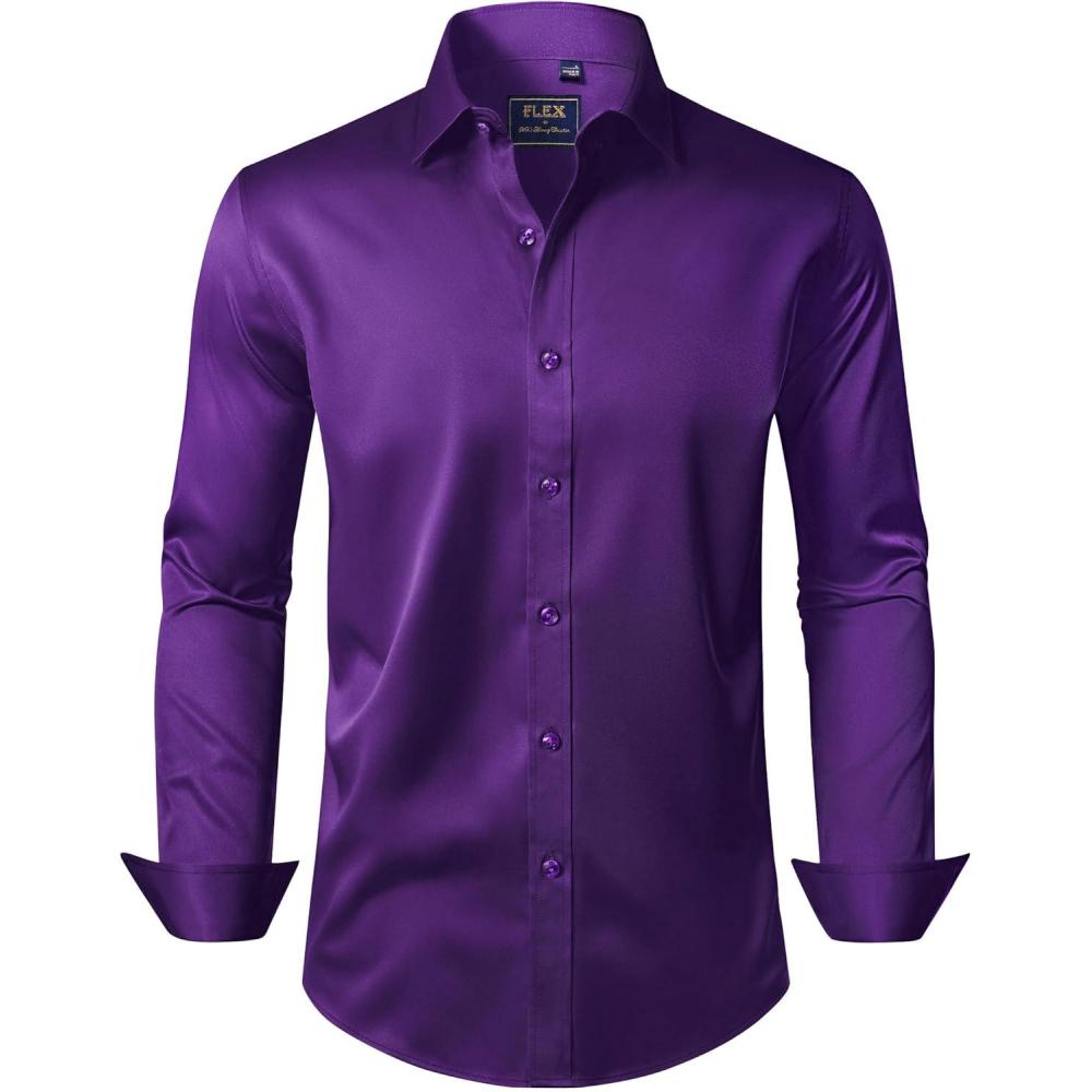 imageJVER Mens Dress Shirts Solid Long Sleeve Stretch WrinkleFree Formal Shirt Business Casual Button Down ShirtsPurple
