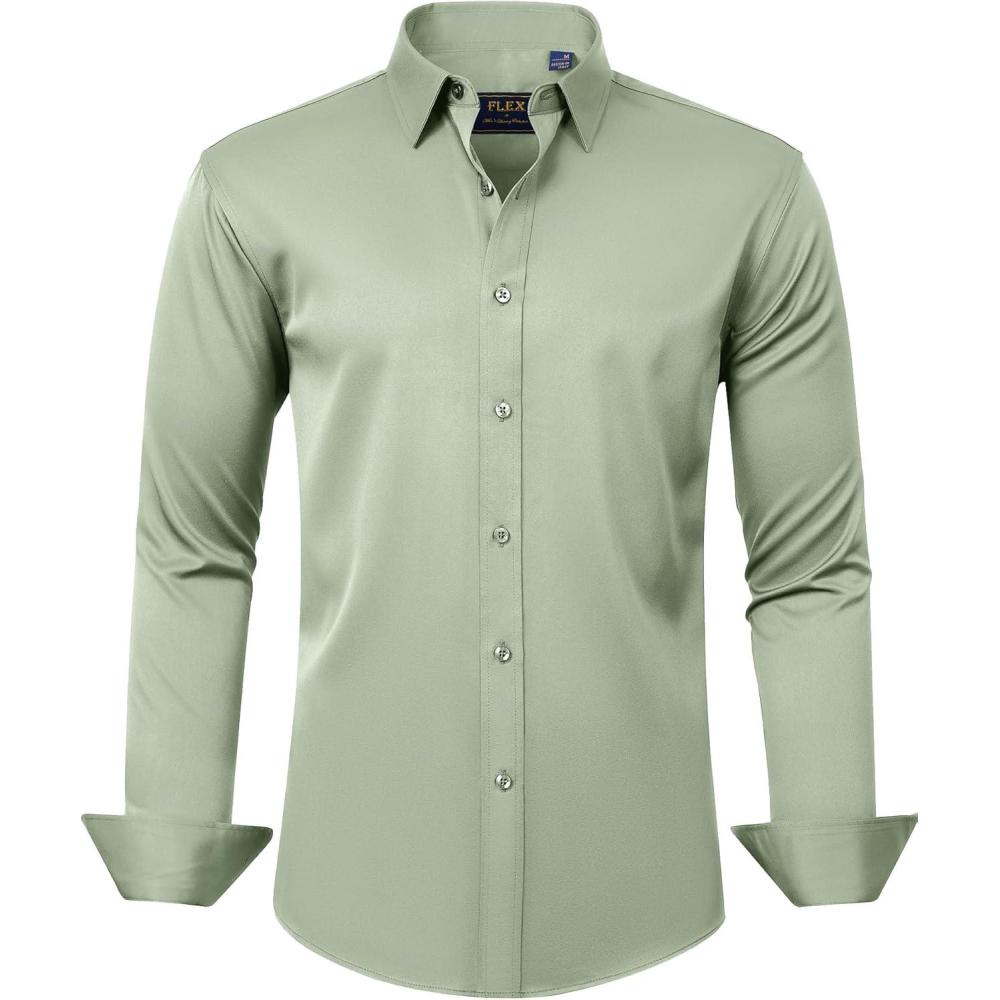 imageJVER Mens Dress Shirts Solid Long Sleeve Stretch WrinkleFree Formal Shirt Business Casual Button Down ShirtsSage Green