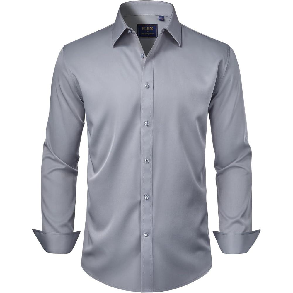 imageJVER Mens Dress Shirts Solid Long Sleeve Stretch WrinkleFree Formal Shirt Business Casual Button Down ShirtsSilver Grey