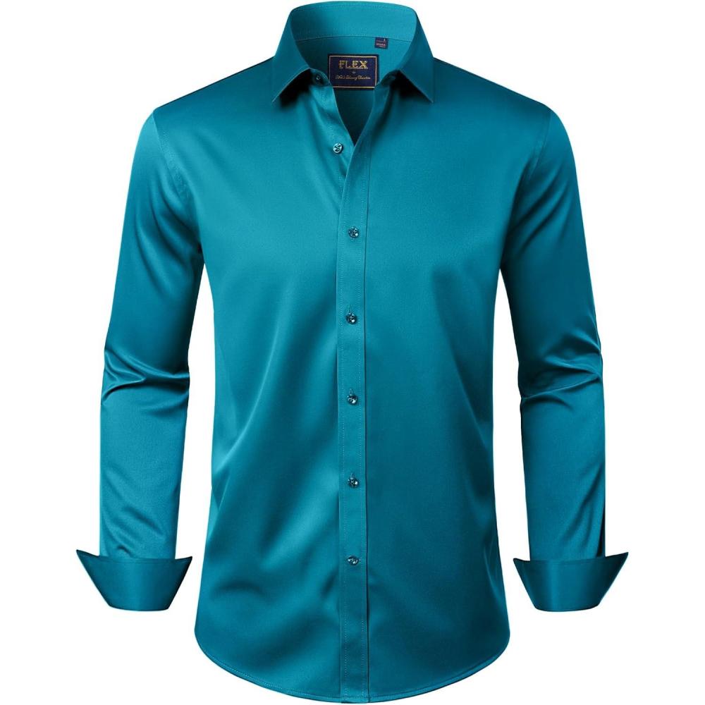 imageJVER Mens Dress Shirts Solid Long Sleeve Stretch WrinkleFree Formal Shirt Business Casual Button Down ShirtsTeal