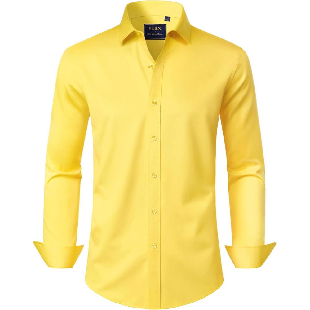 imageJVER Mens Dress Shirts Solid Long Sleeve Stretch WrinkleFree Formal Shirt Business Casual Button Down ShirtsYellow
