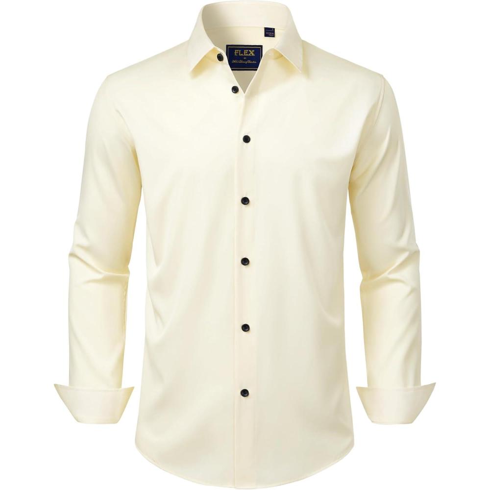 imageJVER Mens Dress Shirts Stretch Long Sleeve Formal Shirt Solid Business Casual Button Down Shirts for Wedding PromBeige