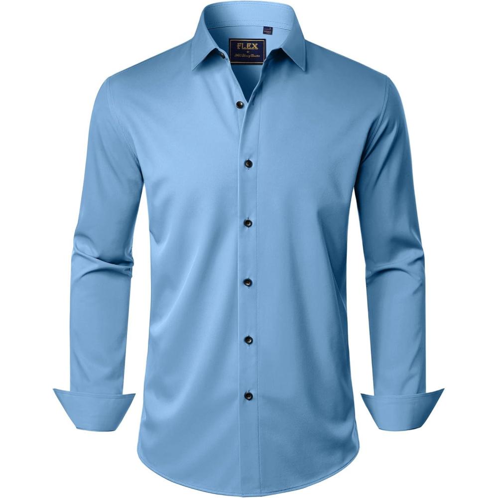 imageJVER Mens Dress Shirts Stretch Long Sleeve Formal Shirt Solid Business Casual Button Down Shirts for Wedding PromClassic Blue