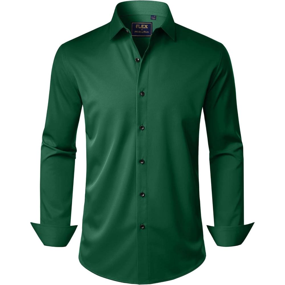 imageJVER Mens Dress Shirts Stretch Long Sleeve Formal Shirt Solid Business Casual Button Down Shirts for Wedding PromGreen