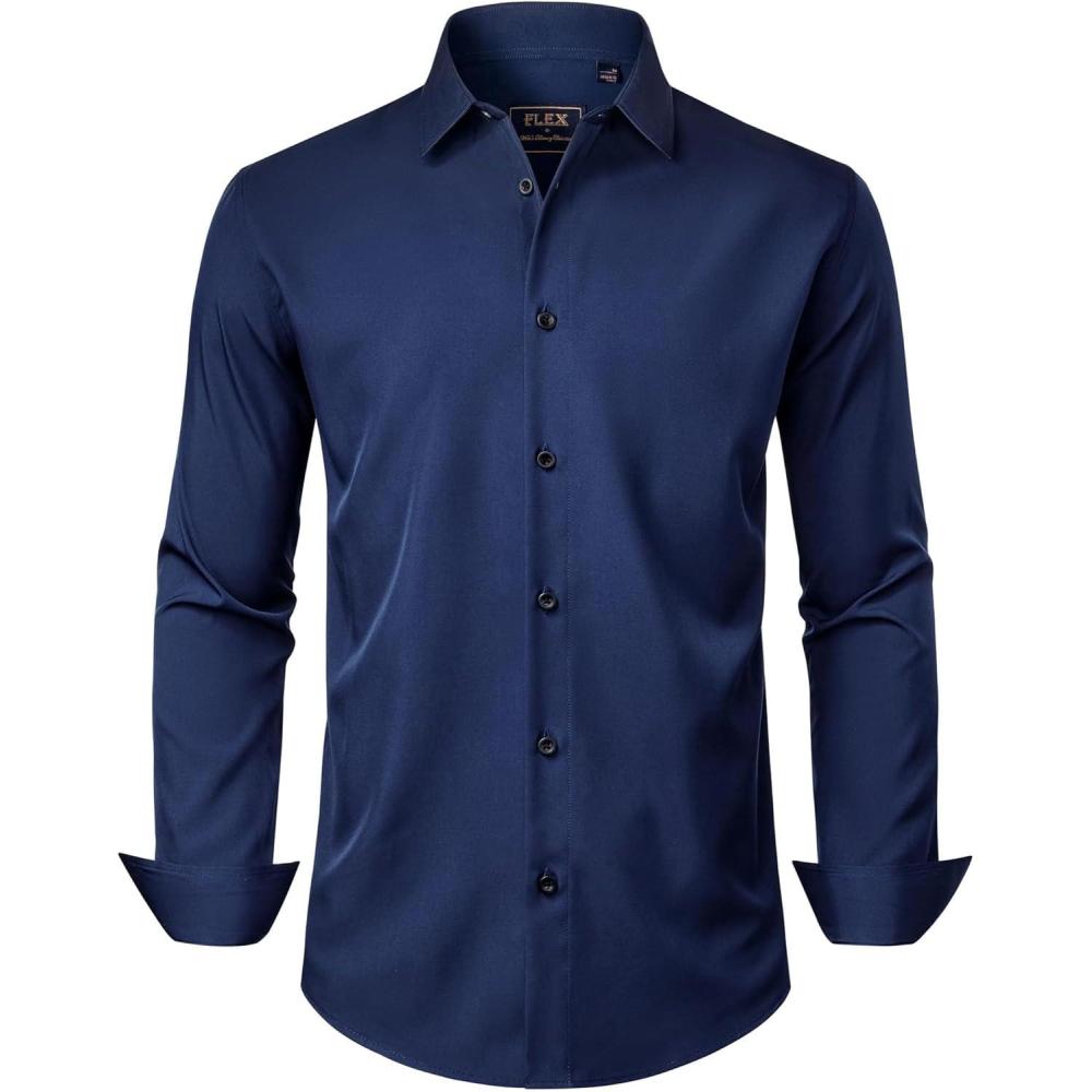 imageJVER Mens Dress Shirts Stretch Long Sleeve Formal Shirt Solid Business Casual Button Down Shirts for Wedding PromNavy Blue