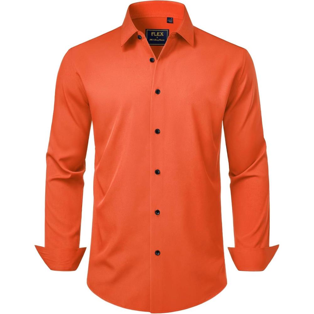 imageJVER Mens Dress Shirts Stretch Long Sleeve Formal Shirt Solid Business Casual Button Down Shirts for Wedding PromOrange