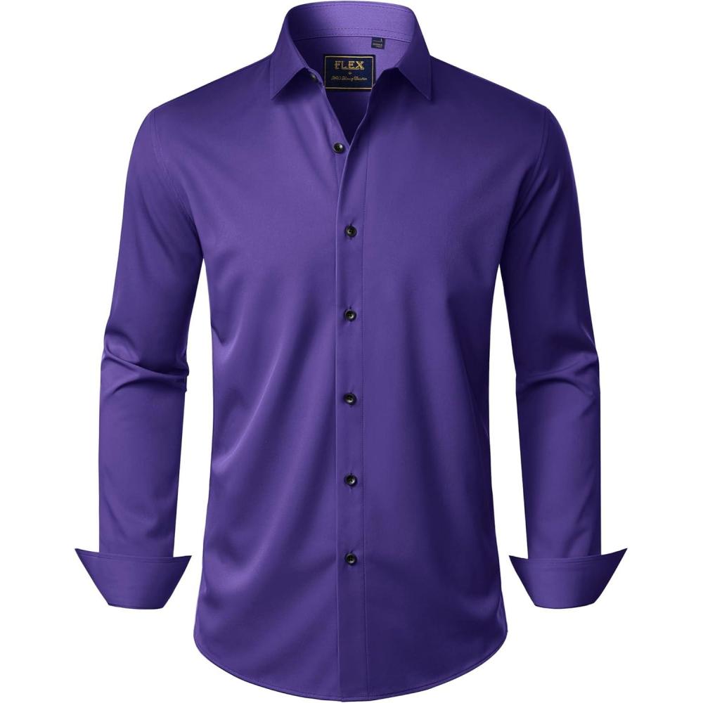 imageJVER Mens Dress Shirts Stretch Long Sleeve Formal Shirt Solid Business Casual Button Down Shirts for Wedding PromPurple