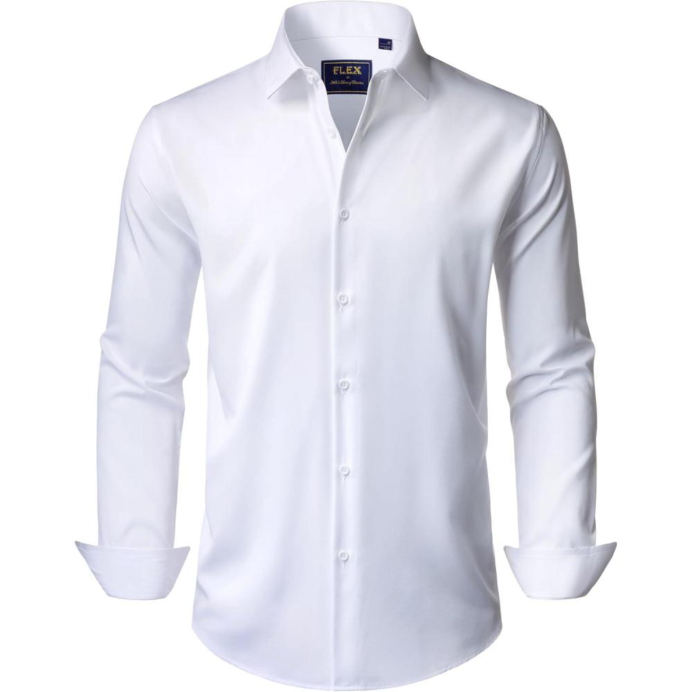 imageJVER Mens Dress Shirts Stretch Long Sleeve Formal Shirt Solid Business Casual Button Down Shirts for Wedding PromSolid White