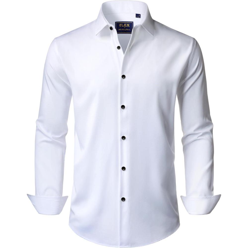 imageJVER Mens Dress Shirts Stretch Long Sleeve Formal Shirt Solid Business Casual Button Down Shirts for Wedding PromWhite