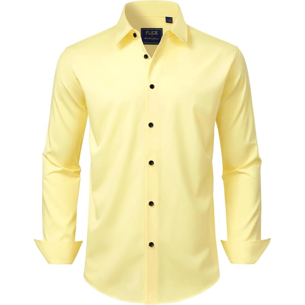 imageJVER Mens Dress Shirts Stretch Long Sleeve Formal Shirt Solid Business Casual Button Down Shirts for Wedding PromYellow