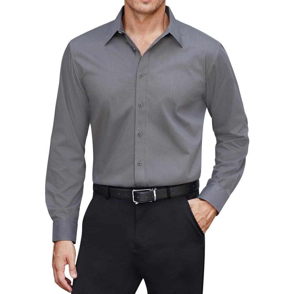 imageJVER Mens Dress Shirts Stretch Stain Shield Long Sleeve Solid Formal Shirt Business Casual Button Down ShirtsGrey
