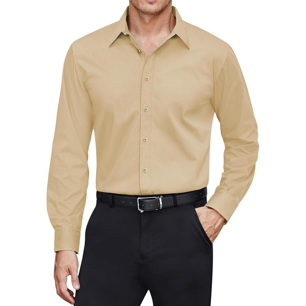 imageJVER Mens Dress Shirts Stretch Stain Shield Long Sleeve Solid Formal Shirt Business Casual Button Down ShirtsKhaki