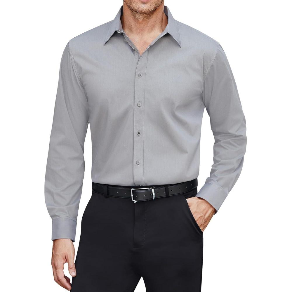 imageJVER Mens Dress Shirts Stretch Stain Shield Long Sleeve Solid Formal Shirt Business Casual Button Down ShirtsLight Grey