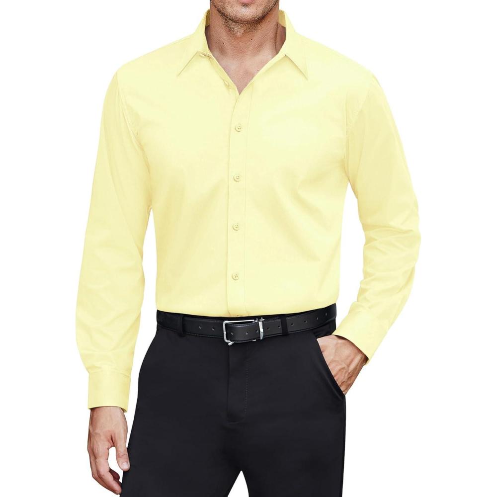 imageJVER Mens Dress Shirts Stretch Stain Shield Long Sleeve Solid Formal Shirt Business Casual Button Down ShirtsLight Yellow
