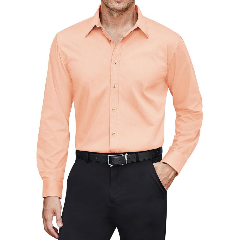 imageJVER Mens Dress Shirts Stretch Stain Shield Long Sleeve Solid Formal Shirt Business Casual Button Down ShirtsScallop