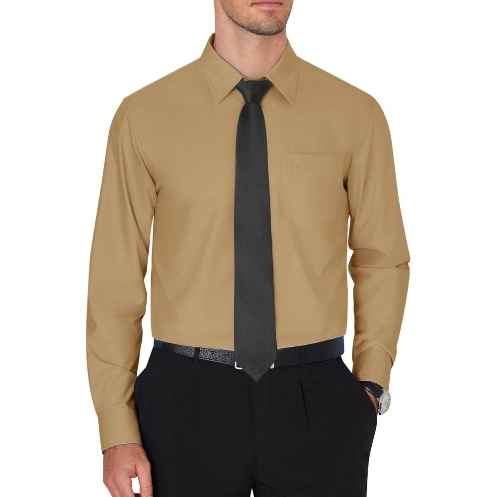 imageJVER Mens Dress Shirts Wrinkle Free Long Sleeve Formal Shirt Solid Business Casual Button Down Shirts for Wedding PromKhaki Brown