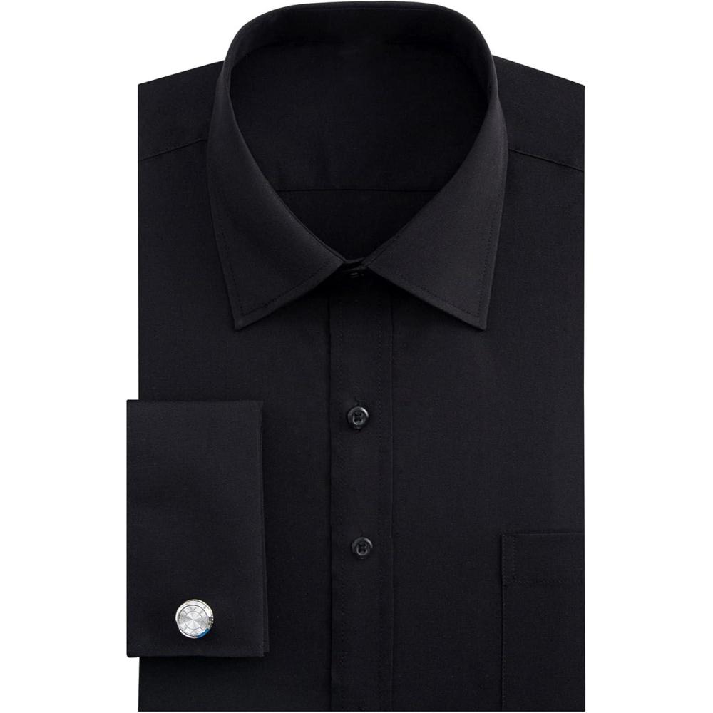 imageJVER Mens French Cuff Dress Shirts Regular Fit Long Sleeve Spread Collar Metal CufflinkBlack
