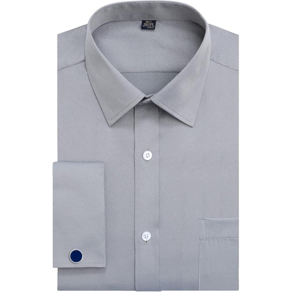 imageJVER Mens French Cuff Dress Shirts Regular Fit Long Sleeve Spread Collar Metal CufflinkGrey