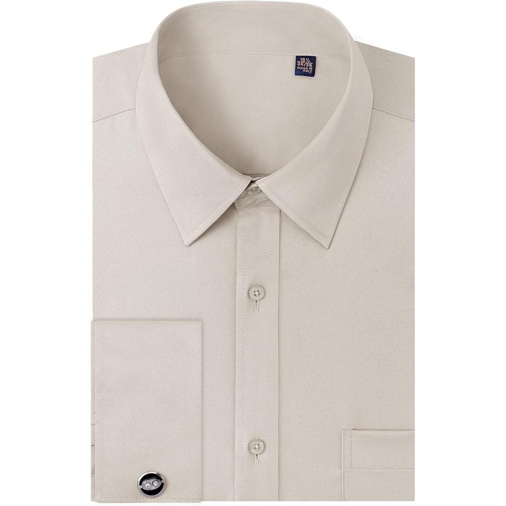 imageJVER Mens French Cuff Dress Shirts Regular Fit Long Sleeve Spread Collar Metal CufflinkLight Khaki