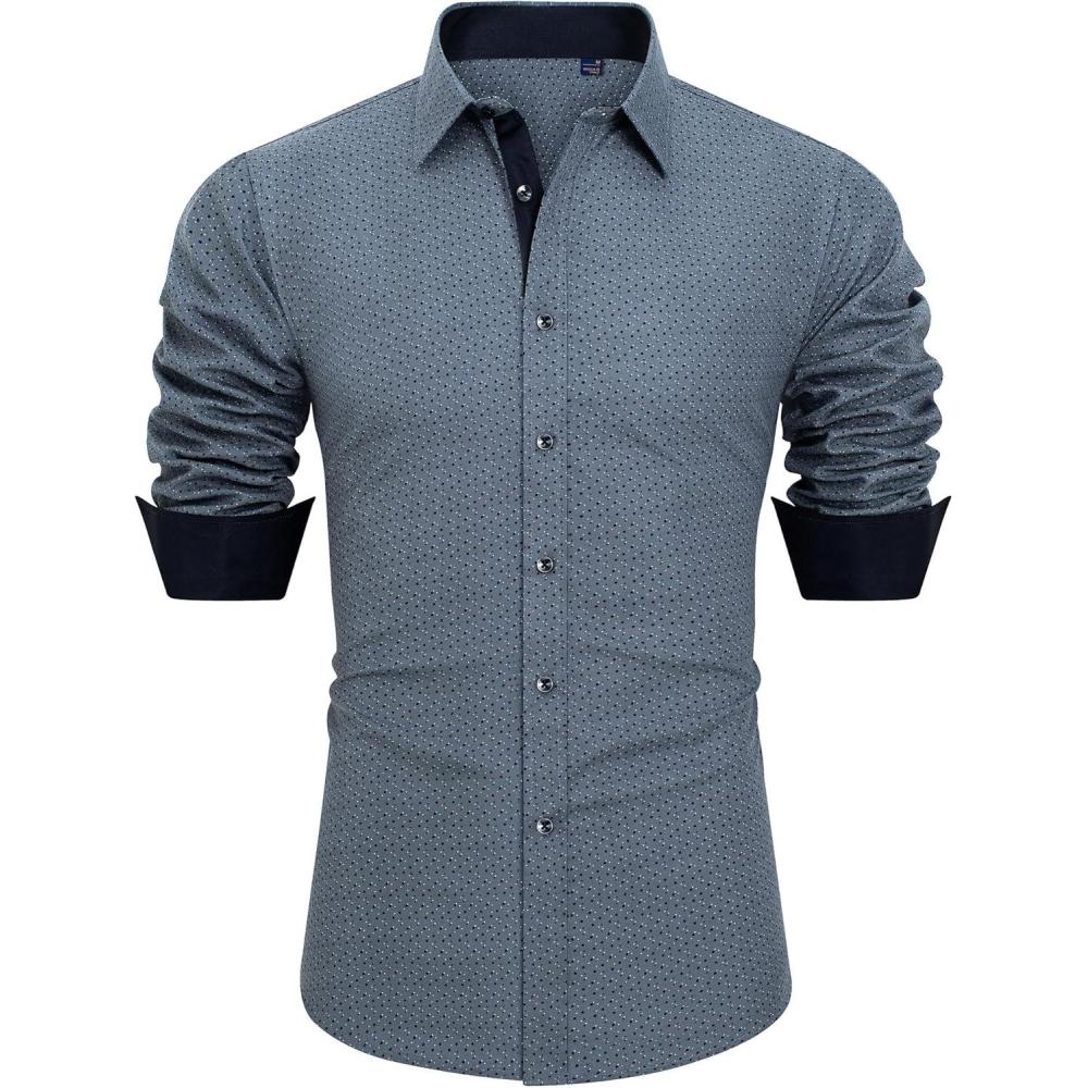 imageJVER Mens Graphic Shirts Long Sleeve Printed Business Shirt Casual Button Down Shirts for Work Grey Blue Large
