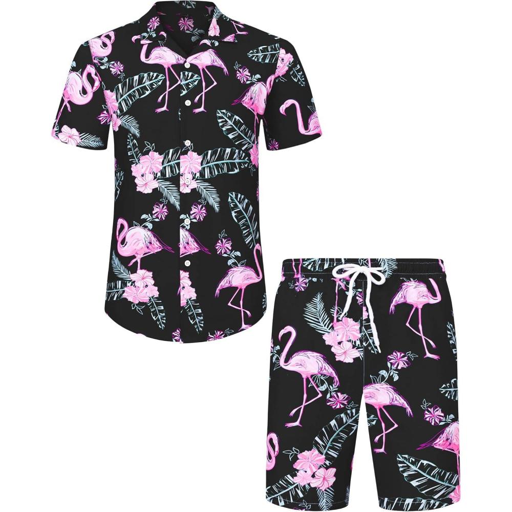 imageJVER Mens Hawaiian Shirts Casual Button Down Short Sleeve Shirts Set Printed Shorts Beach Tropical Hawaii Suits