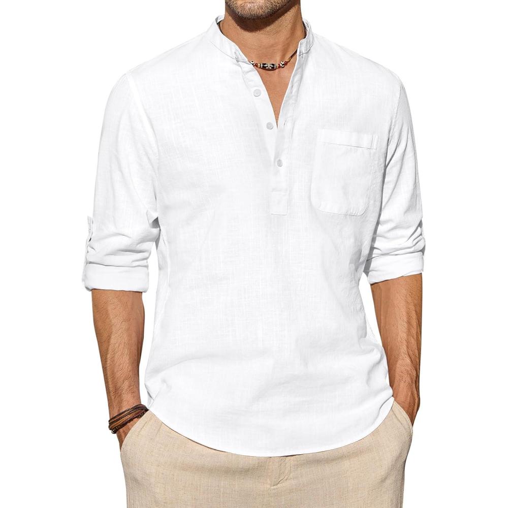 imageJVER Mens Linen Roll Up Long Sleeve Shirt Cotton Casual Beach Shirts Henley TShirt Band Collar Vacation Tops with PocketAwhite