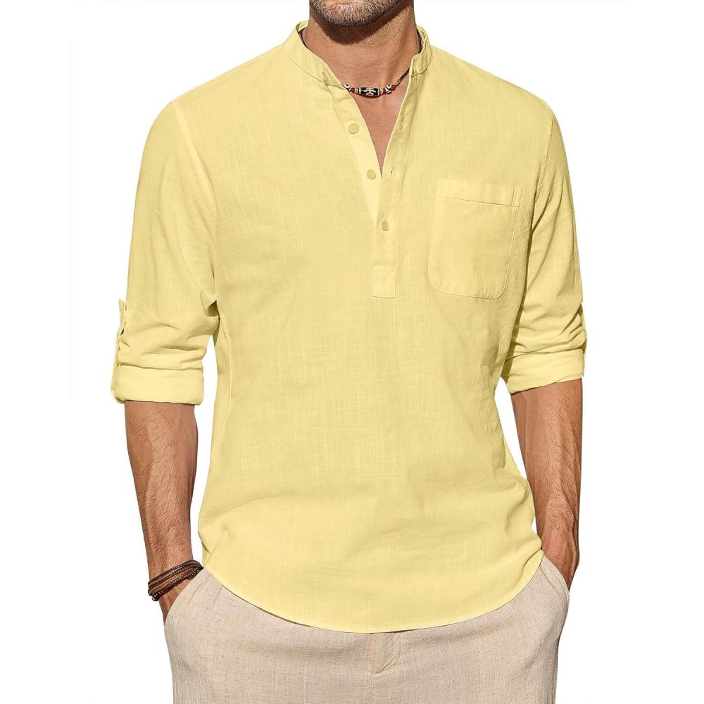 imageJVER Mens Linen Roll Up Long Sleeve Shirt Cotton Casual Beach Shirts Henley TShirt Band Collar Vacation Tops with PocketLight Yellow