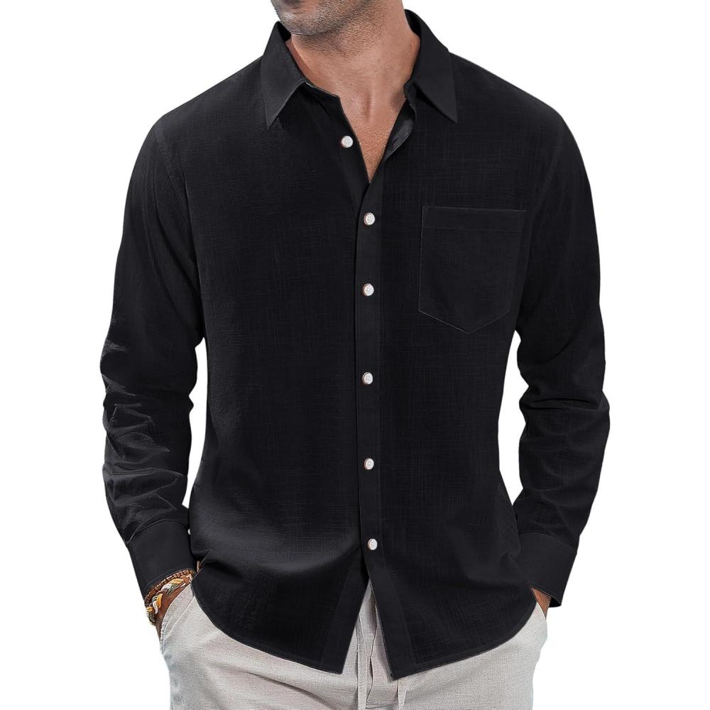 imageJVER Mens Linen Shirts Casual Button Down Long Sleeve Shirt Solid Spread Collar Summer Beach Shirts with PocketBlack