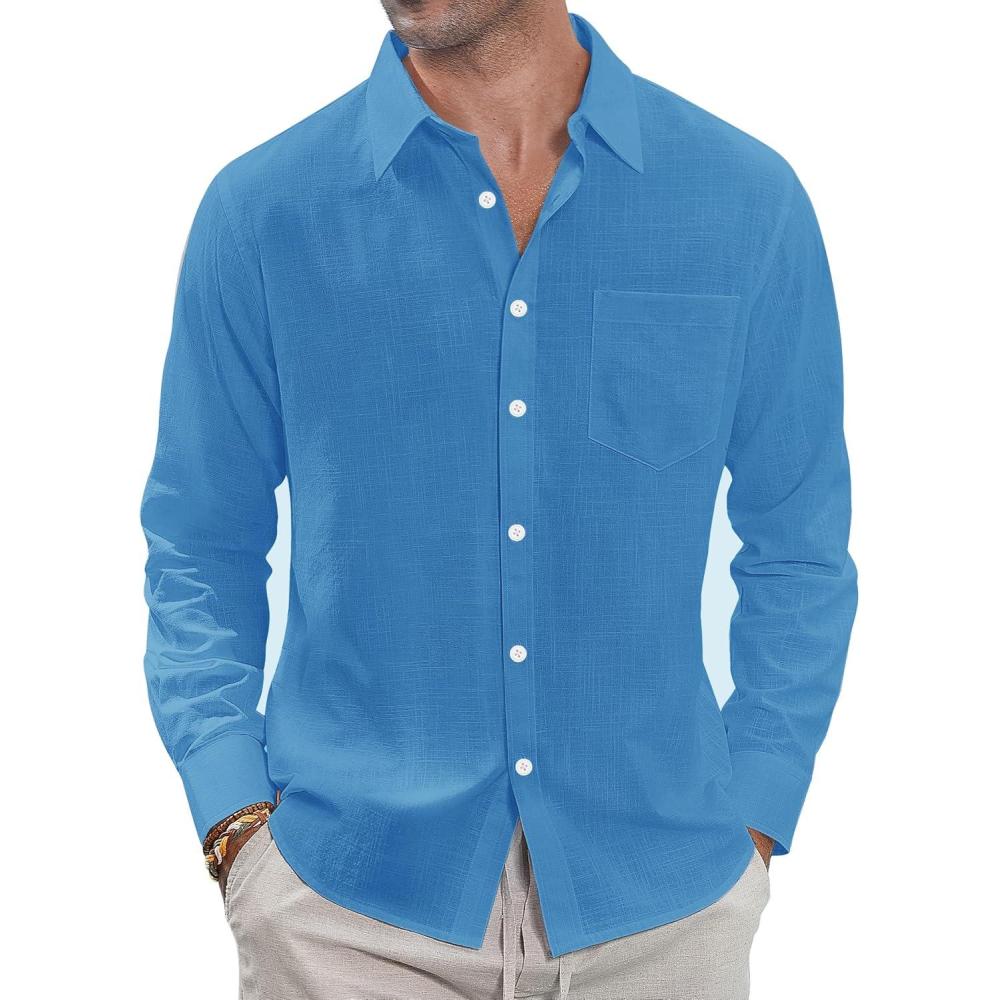 imageJVER Mens Linen Shirts Casual Button Down Long Sleeve Shirt Solid Spread Collar Summer Beach Shirts with PocketCobalt Blue