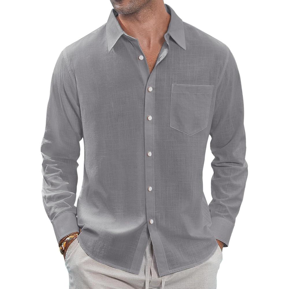 imageJVER Mens Linen Shirts Casual Button Down Long Sleeve Shirt Solid Spread Collar Summer Beach Shirts with PocketDark Grey