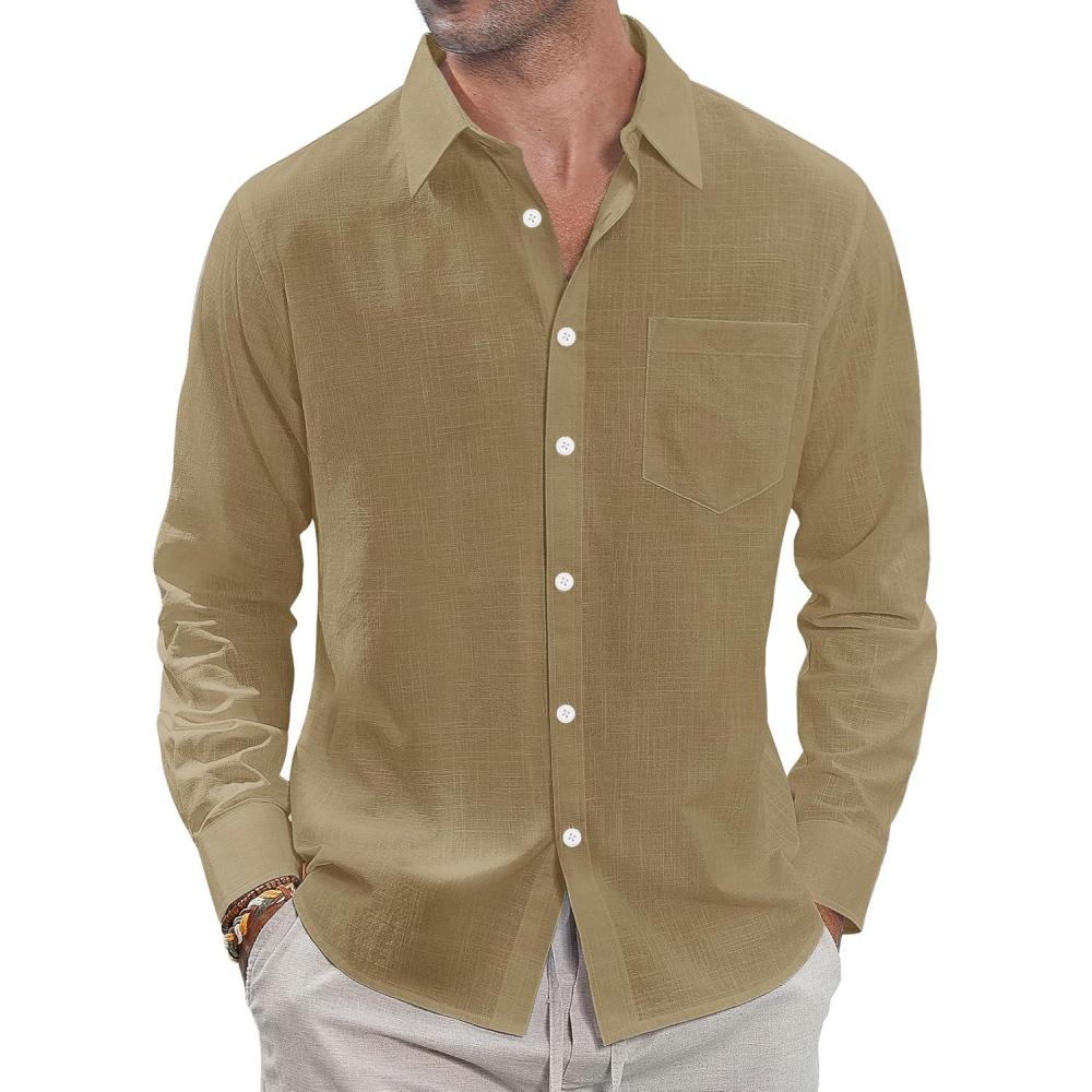 imageJVER Mens Linen Shirts Casual Button Down Long Sleeve Shirt Solid Spread Collar Summer Beach Shirts with PocketDark Khaki