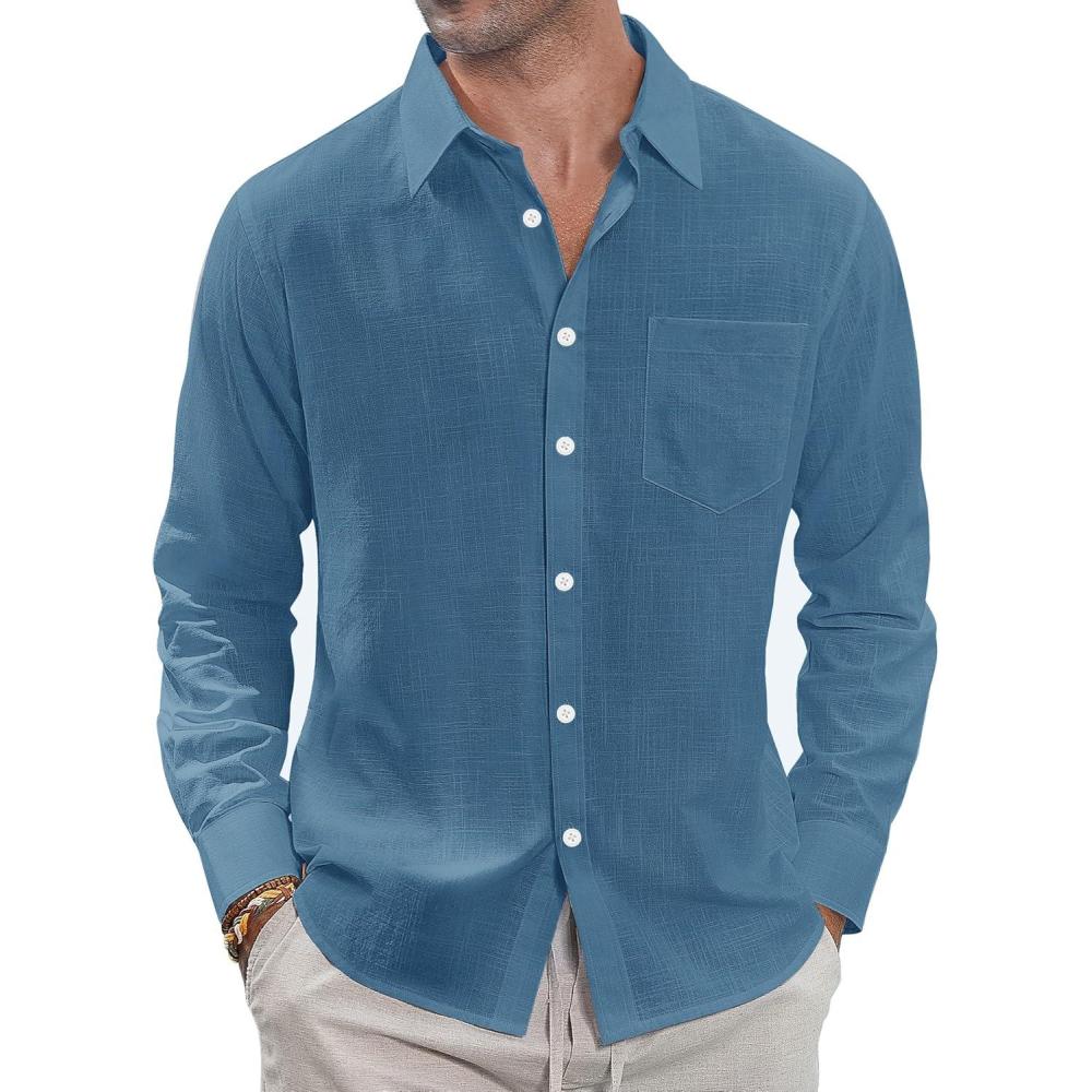 imageJVER Mens Linen Shirts Casual Button Down Long Sleeve Shirt Solid Spread Collar Summer Beach Shirts with PocketGrey Blue