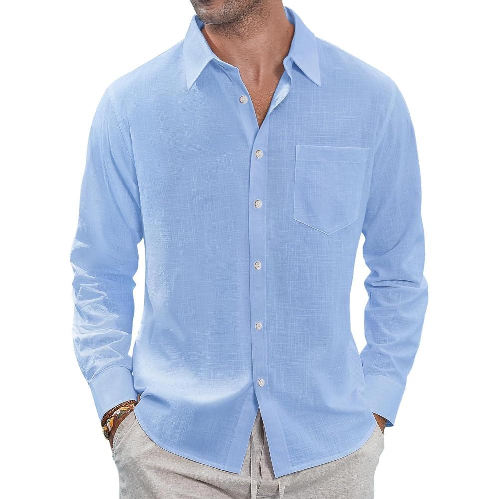 imageJVER Mens Linen Shirts Casual Button Down Long Sleeve Shirt Solid Spread Collar Summer Beach Shirts with PocketLight Blue