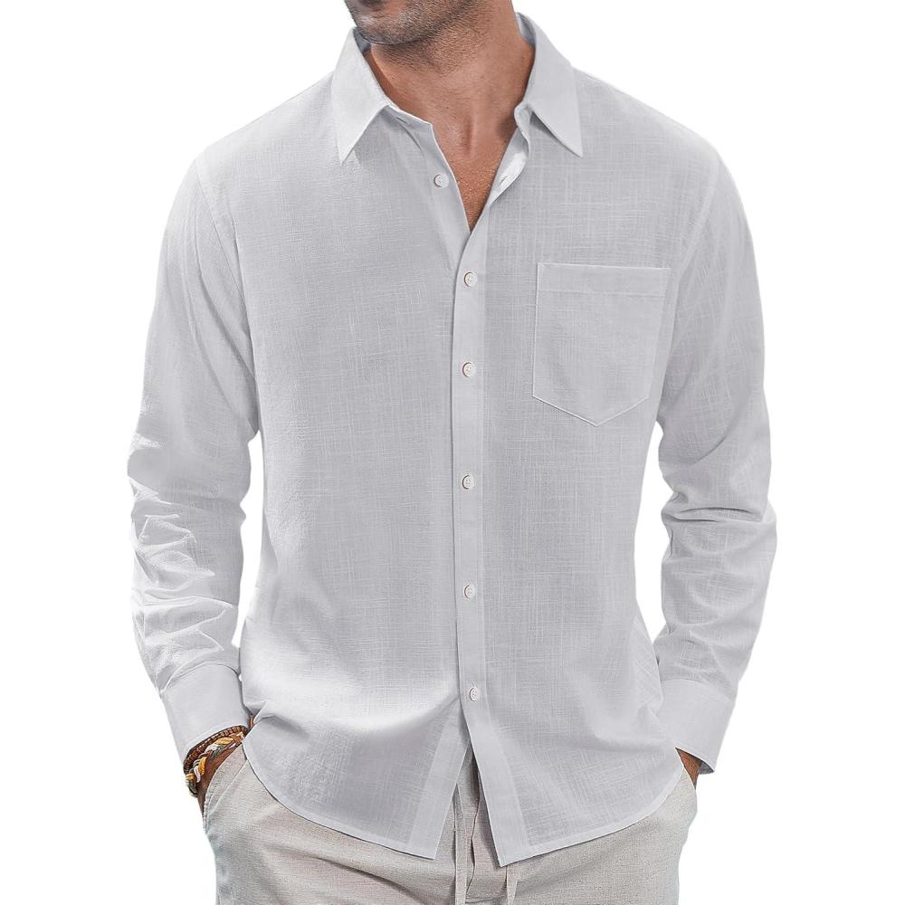 imageJVER Mens Linen Shirts Casual Button Down Long Sleeve Shirt Solid Spread Collar Summer Beach Shirts with PocketLight Grey