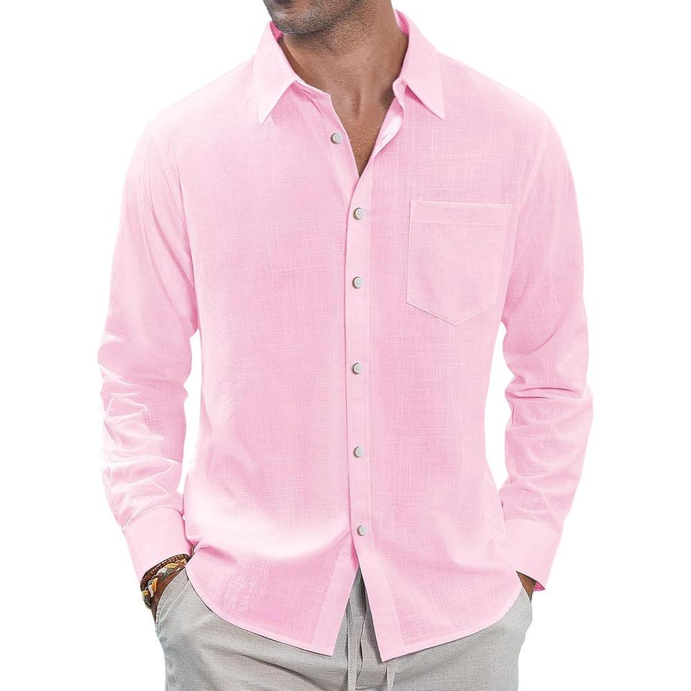 imageJVER Mens Linen Shirts Casual Button Down Long Sleeve Shirt Solid Spread Collar Summer Beach Shirts with PocketLight Pink