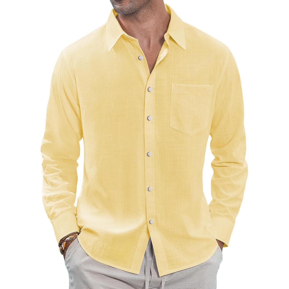imageJVER Mens Linen Shirts Casual Button Down Long Sleeve Shirt Solid Spread Collar Summer Beach Shirts with PocketLight Yellow