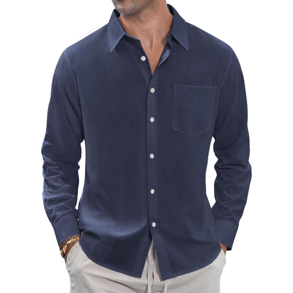 imageJVER Mens Linen Shirts Casual Button Down Long Sleeve Shirt Solid Spread Collar Summer Beach Shirts with PocketNavy Blue