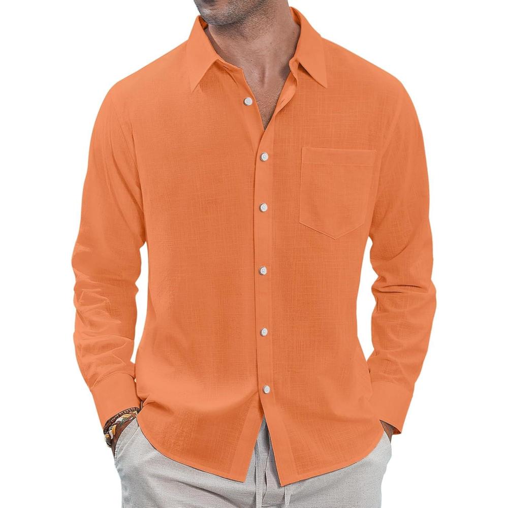 imageJVER Mens Linen Shirts Casual Button Down Long Sleeve Shirt Solid Spread Collar Summer Beach Shirts with PocketOrange