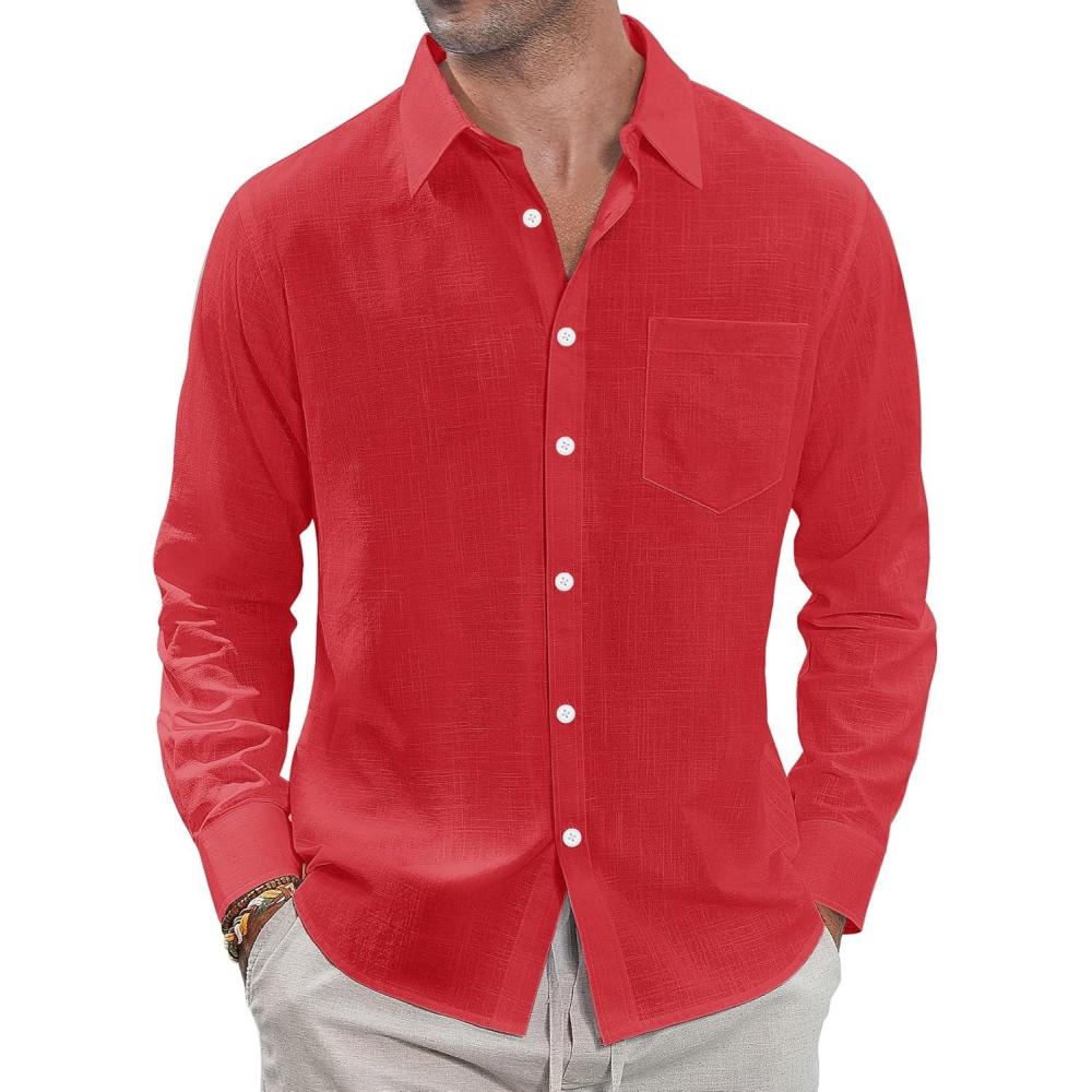 imageJVER Mens Linen Shirts Casual Button Down Long Sleeve Shirt Solid Spread Collar Summer Beach Shirts with PocketRed