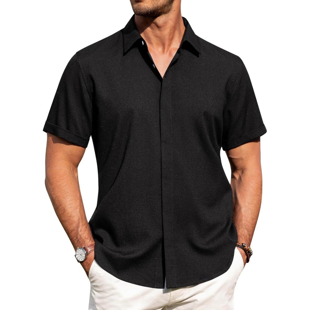imageJVER Mens Linen Shirts Casual Short Sleeve Button Down Shirt Beach Vacation Cruise Summer Wedding Cotton TopsBlack