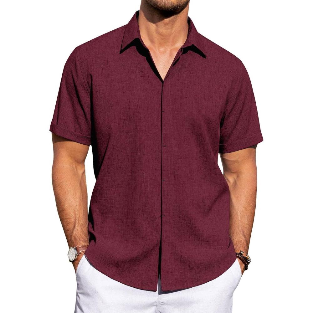 imageJVER Mens Linen Shirts Casual Short Sleeve Button Down Shirt Beach Vacation Cruise Summer Wedding Cotton TopsBurgundy
