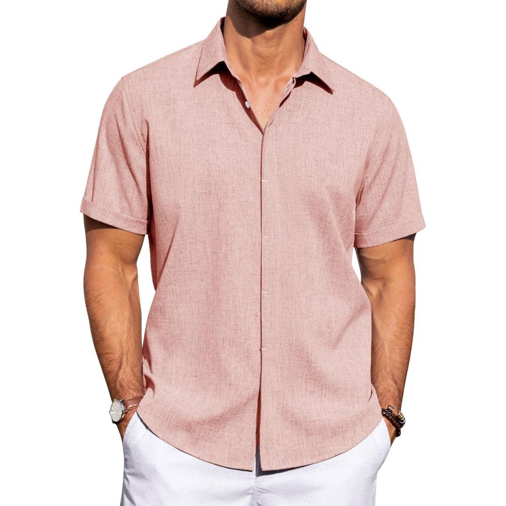 imageJVER Mens Linen Shirts Casual Short Sleeve Button Down Shirt Beach Vacation Cruise Summer Wedding Cotton TopsCoral