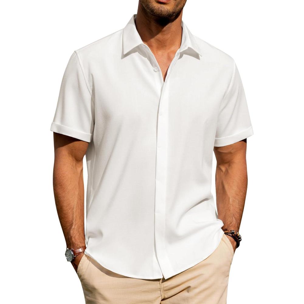 imageJVER Mens Linen Shirts Casual Short Sleeve Button Down Shirt Beach Vacation Cruise Summer Wedding Cotton TopsCream White